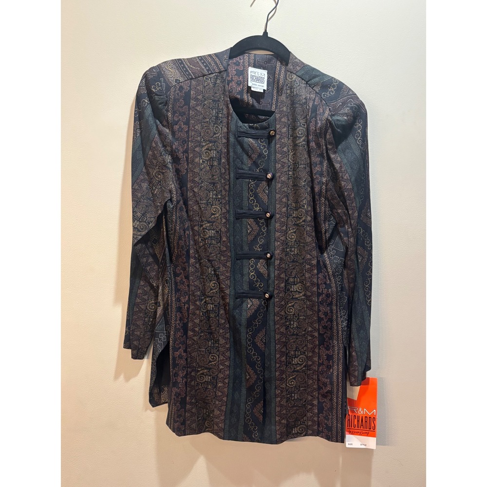 VTG R&M Richards Karen Kwong Womens 14P Black Gold Print Button Front Jacket NWT
